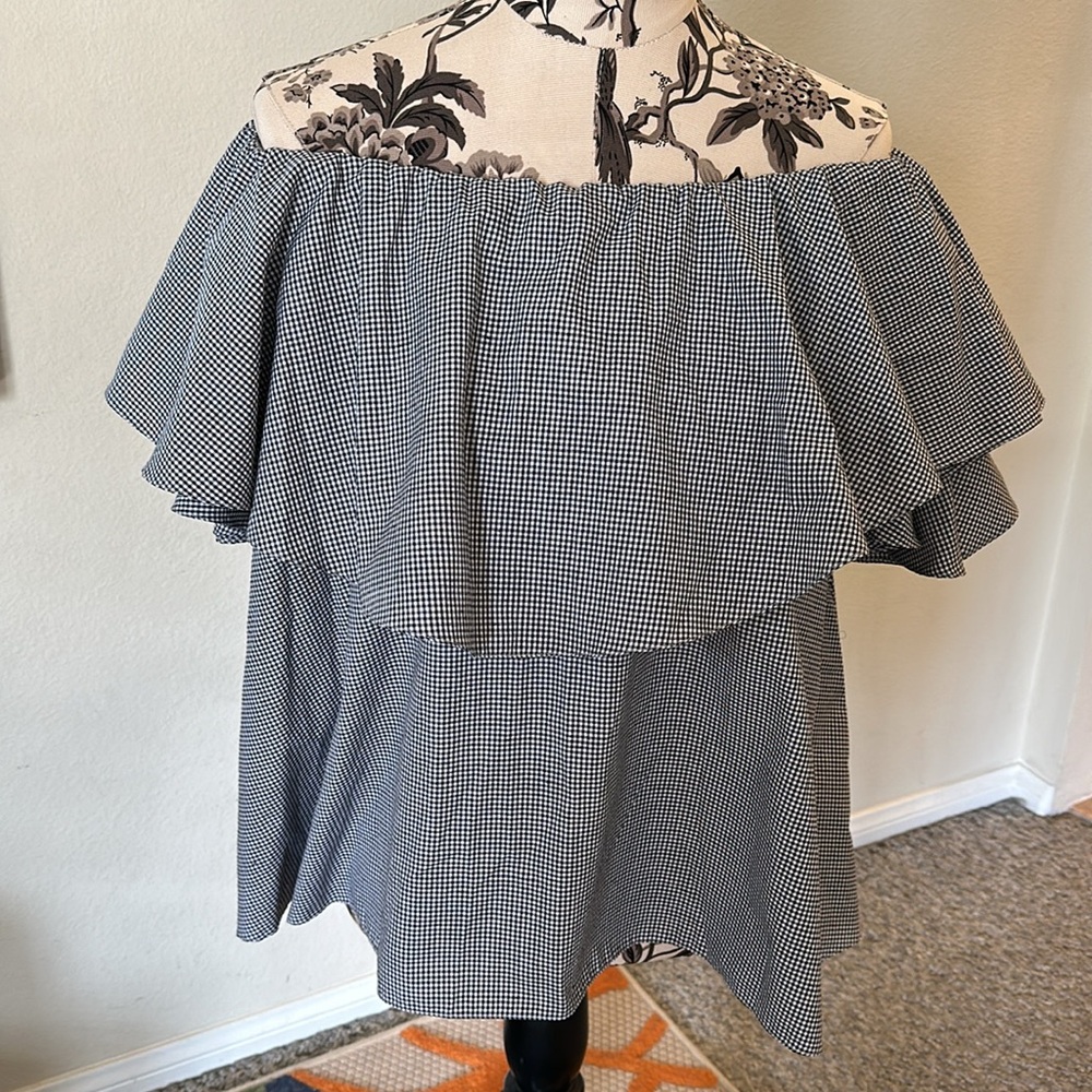 MLM Flowy Cropped Flutter Sleeve Black and White Gingham High Low Blouse Top